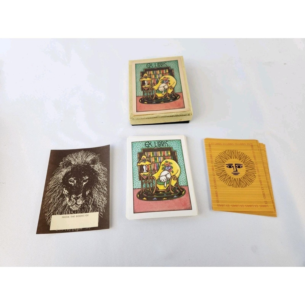 Vtg Antioch Ex Libris Cozy Cat Library Books Bookplates Box 50+ Lion Sun Art